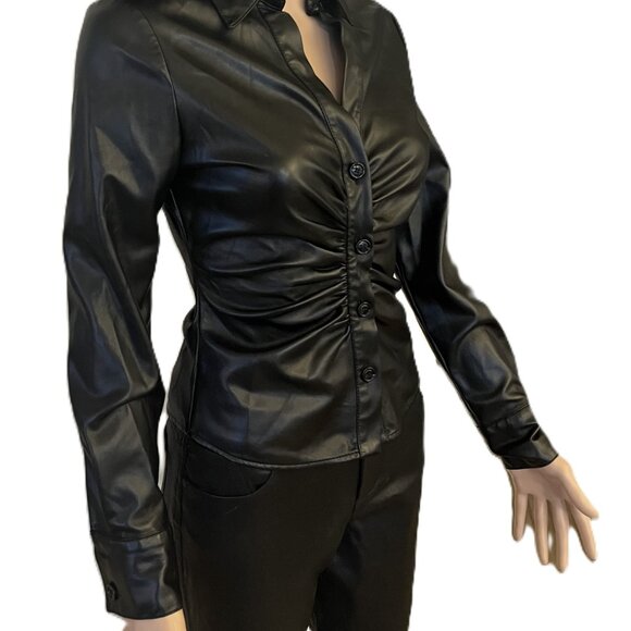 Zara Ruched Front Faux Leather Black Blouse Top Size XS Button Front - Picture 3 of 9